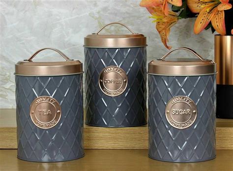 grey copper metal tea coffee sugar biscuit storage tin box canister set