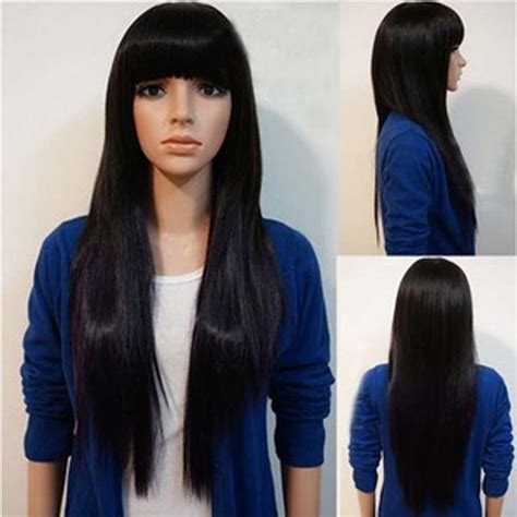 new black long straight anime cosplay wigs fluffy bangs hairstyles