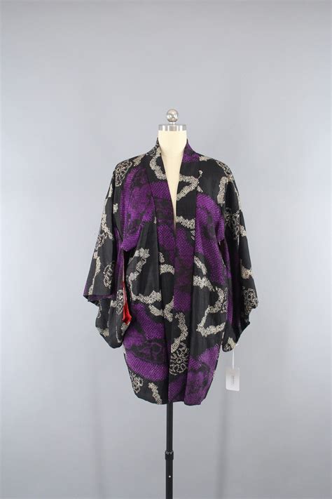 vintage silk haori kimono jacket  purple  black shibori