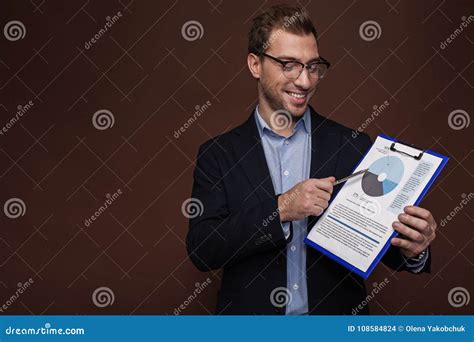 happy man describing information  clipboard stock photo image