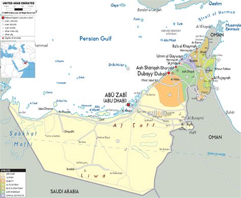 detailed political map  united arab emirates ezilon maps