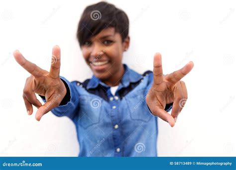 smiling black woman  peace hand sign stock image image  beauty female