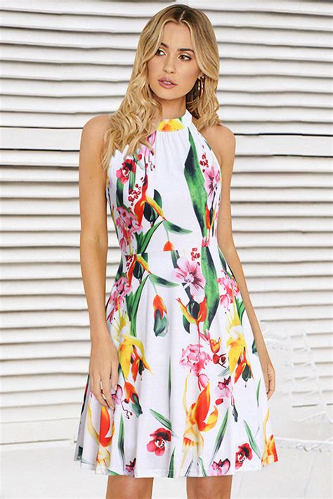 High Neck Floral Dress With Sleeveless And Short Design Floral Dress