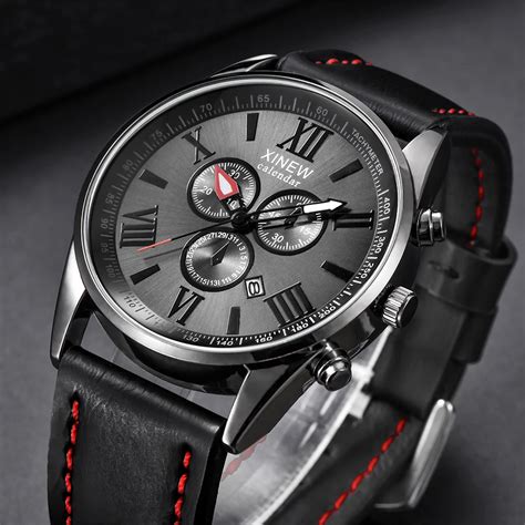 wholesale xinew brand watches mens fashion leather band date quartz