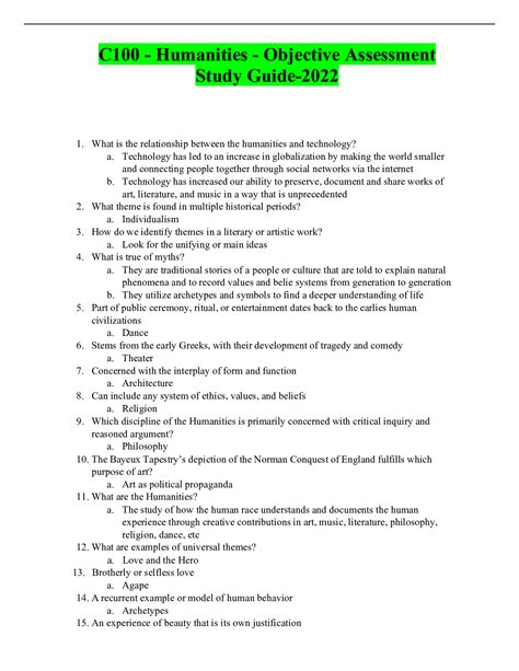 humanities objective assessment study guide  browsegrades