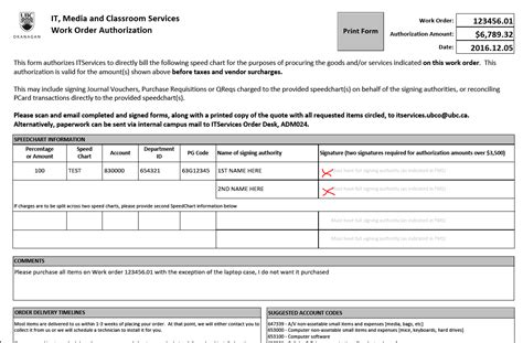 Work Order Authorization Form