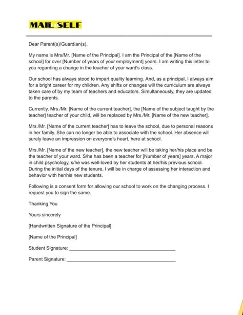 principal letter  parents  teacher change   templates
