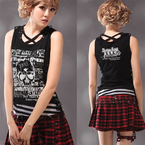 Women Black Skull Steam Punk Rock Emo Scene Clothing Tank Tops Sku