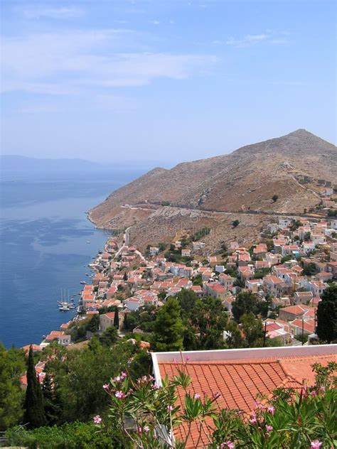 aerial view  greek city sea  mountain stock image image  journey greece