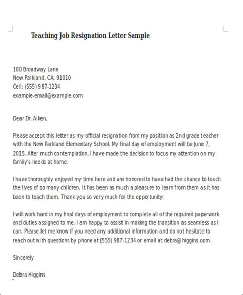 sample teaching resignation letter templates   ms word