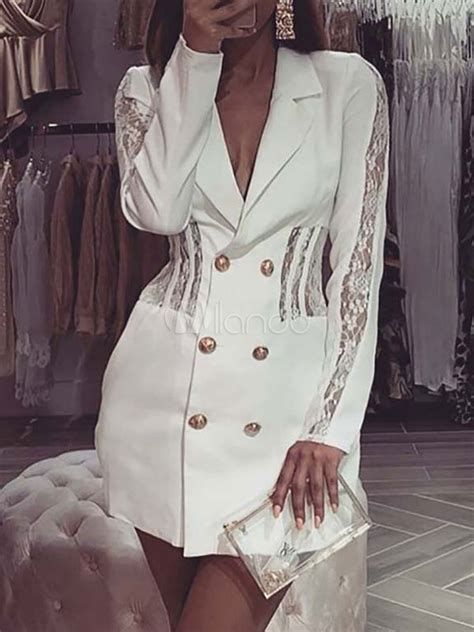 Bodycon Dresses White Long Sleeves Lace Sexy Turndown Collar Sheer Midi