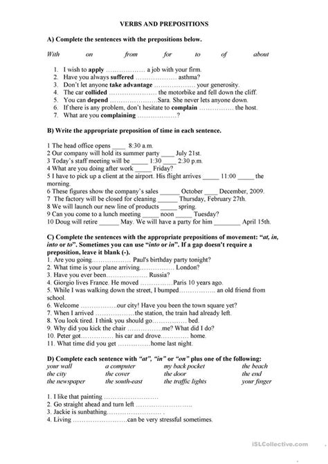 prepositions  movement place time verb preposition worksheet