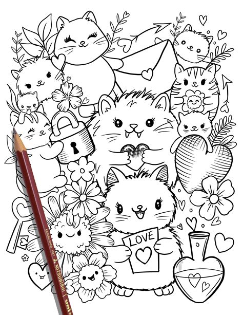 printable cute kitty cats coloring page hand drawn coloring etsy canada