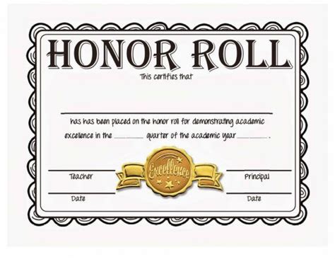 honor roll certificate templates awards printable intended