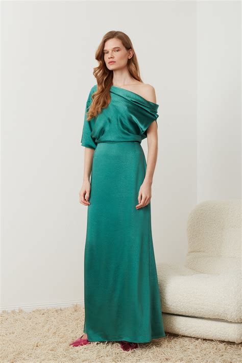 helen teal green satin asymmetric maxi evening dress undress