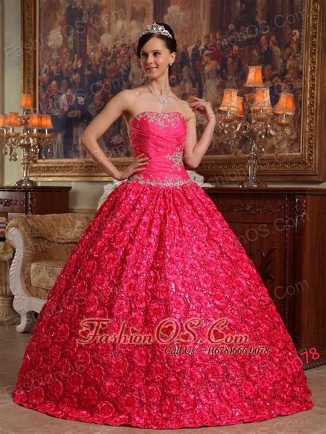 wonderful coral red quinceanera dress strapless fabric with rolling flowers appliques ball gown