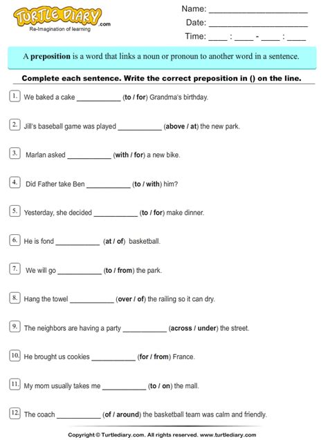 complete sentences  preposition   fits turtle diary worksheet