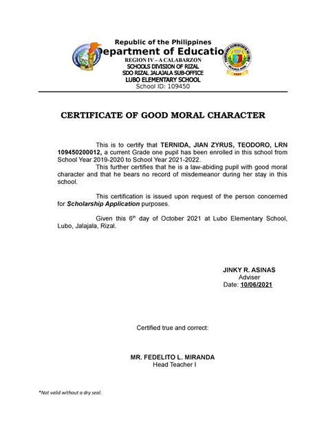 certification  good moral republic   philippines department