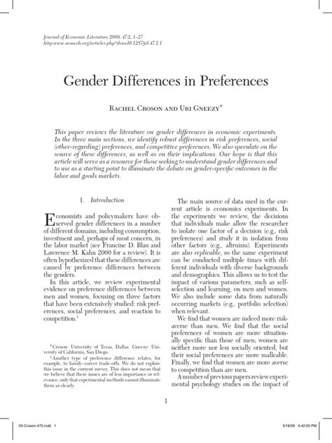 Gender Differences In Preferences Croson And Geezy Sex