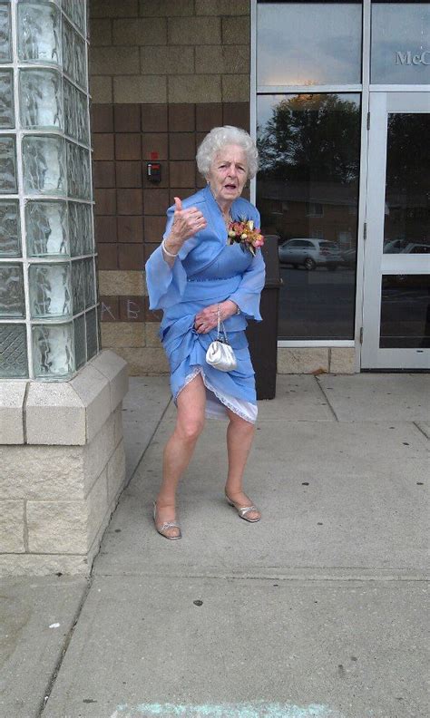 Stylish Grandma Hitchhiker In Blue Dress