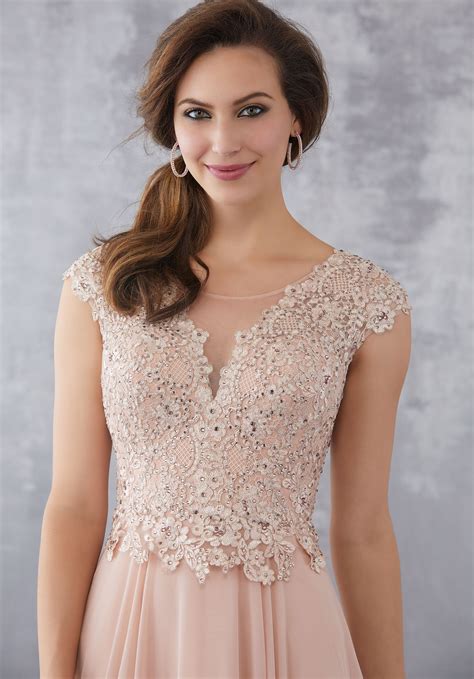 chiffon social occasion dress with beaded lace appliqués on bodice