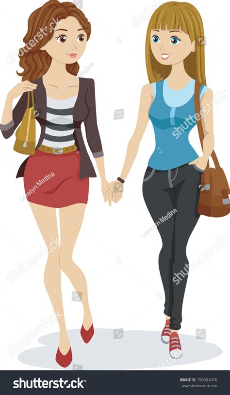 Illustration Teenage Lesbian Couple Holding Hands Stock