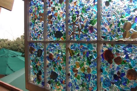 Sea Glass And Sea Shell Window Art Sea Glass Crafts Glass Window Art