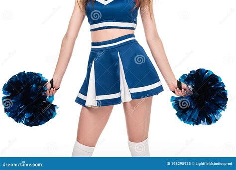 Kijk Op Sexy Cheerleader Girl In Blauw Uniform Met Pompomen Geïsoleerd