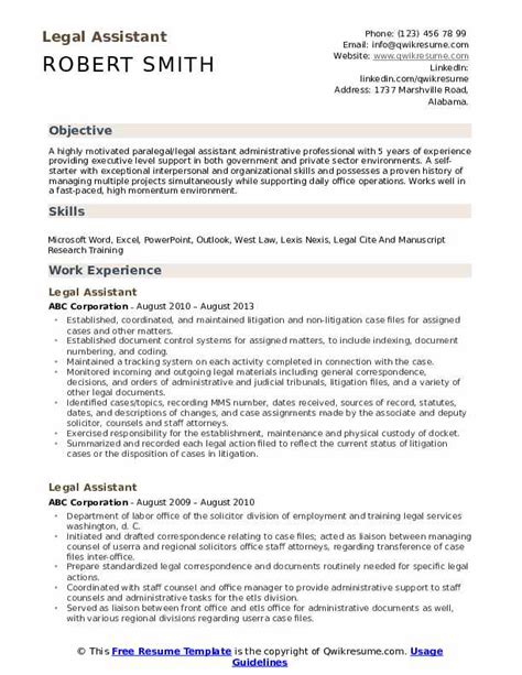 legal assistant resume samples qwikresume