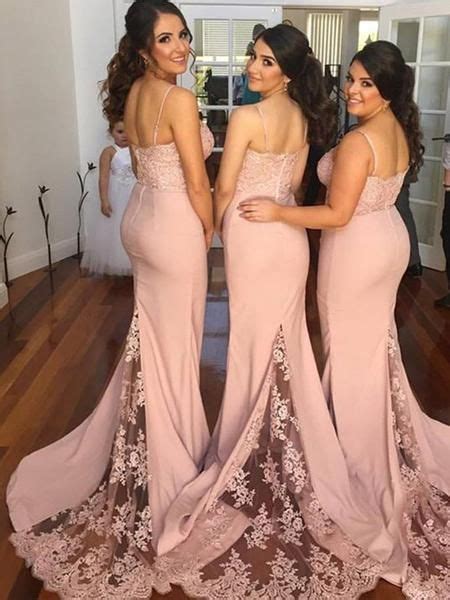 pretty pink lace spaghetti strap sweep train long bridesmaid dresses