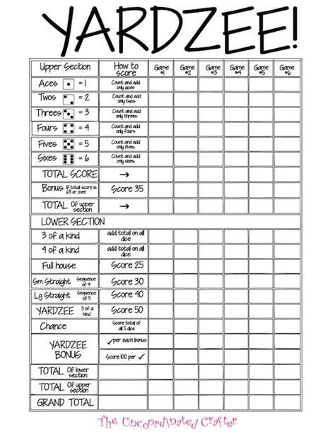 yardzee printable  printable templates