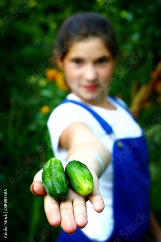 Teen Beautiful Girl With Ripe Just From Seedbed Cucumbers Buy This