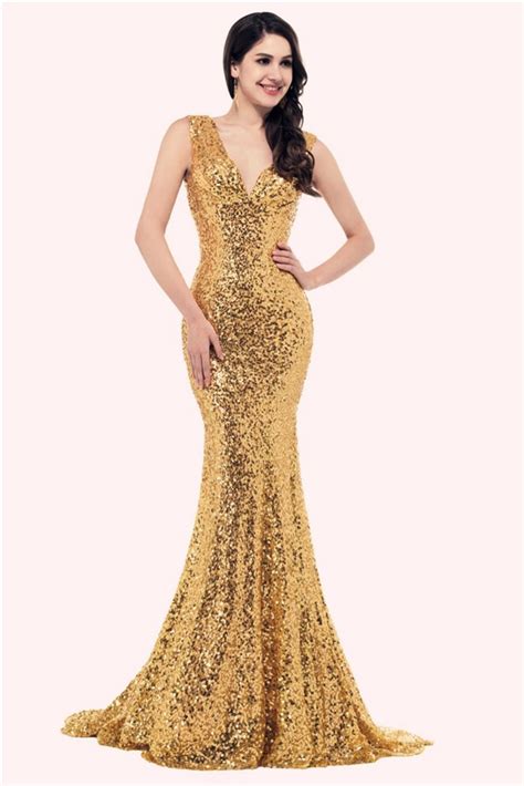 sparkly mermaid v neck sleeveless corset gold sequin prom dress