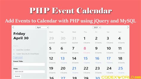 php event calendar add   calendar  jquery  ajax youtube