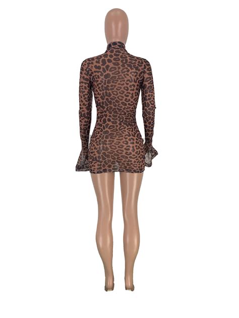 2020 Sexy Leopard Printed Long Flare Sleeve Mini Dress Women Clothes