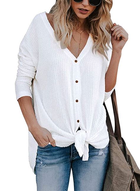 Nashion Women S V Neck Button Down Loose Fitting Shirts Waffle Knit