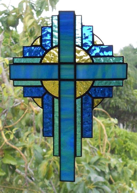 stained glass cross suncatcher bluegreen opal