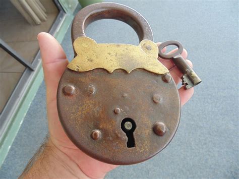 vintage rare large giant antique  gate padlock cast iron brass pad lock antique