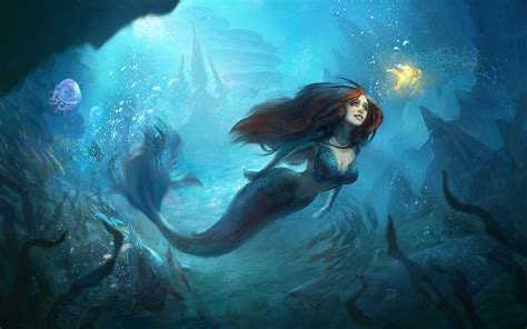 wallpaper beautiful mermaid underwater goldfish art painting  hd picture image