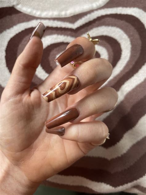 brown heart nails brown acrylic nails beige nails heart nails