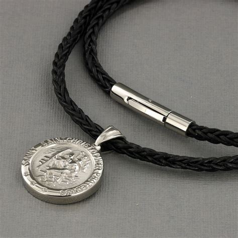 heavy mm steel st christopher  leather necklace