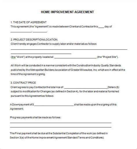 printable home improvement  remodeling contract template word