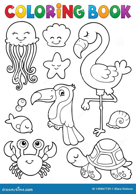 coloring book summer animals theme set  stock vector illustration