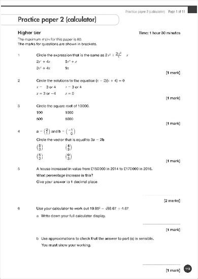 gcse grades   maths higher exam practice book  aqa question paper