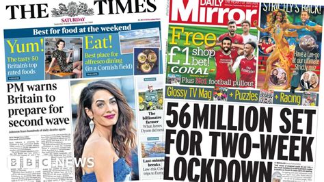 newspaper headlines pm warning  england faces  week lockdown