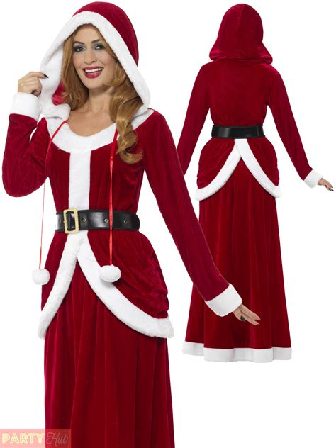 ladies deluxe miss claus mrs santa long fancy dress costume christmas