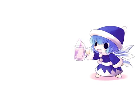 Blue Hair Chibi Cirno Drink Fairy Fang Hat Touhou White