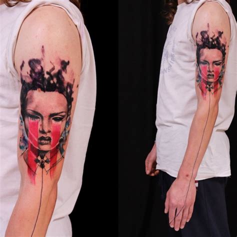 Stunning Colored Shoulder Tattoo Of Demonic Woman Portrait And Black