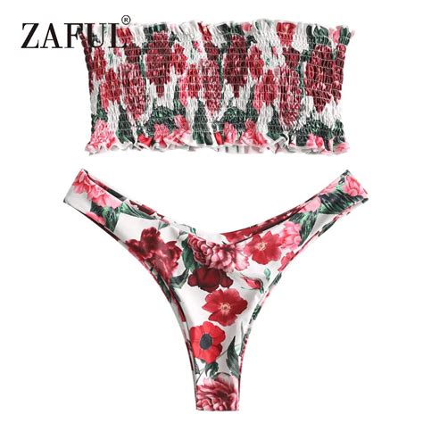 Zaful Beadeau Bikini Smocked Thiong Bottom Bikini Set Womens Swimsuit