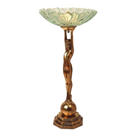 art deco lady table lamp in heavy cast brass with bowl glass shade